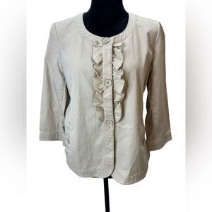 Talbots Khaki Ruffle Front Button Down Jacket Blazer 3/4 Sleeves Size 14P